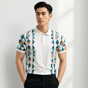 Polo moderne personnalisé pour homme – Tenue d'été en toile de coton respirante à imprimé triangle abstrait - Product Image 4