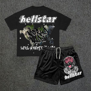 Ensemble deux pièces respirant en soie noire imprimée sérigraphiée pour l'automne |   T-shirt et short délavés par le soleil |   Strass en gros à prix avantageux - Product Image 3