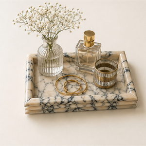 Plateau de luxe personnalisé en marbre rectangulaire, plateau de vanité en pierre naturelle pour salle de bain et commode, organisateur de parfums artisanal - Product Image 2