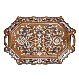 Bandeja octogonal de madera marroquí hecha a mano de lujo con incrustaciones de nácar, bandeja decorativa para mesa de centro o otomana en venta. - Product Image 2