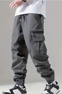 Pantalon cargo vert pour homme, taille élastique, plusieurs poches, fermeture à cordon, respirant, poids moyen, polyester, style décontracté urbain - Product Image 4