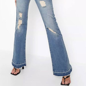 Jean en denim évasé taille haute déchiré pour femme, style vintage bleu vieilli, longueur intégrale, décontracté, style été, en coton respirant - Product Image 2