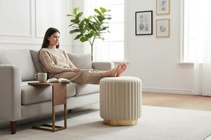 Customised Nordic Round Wood Base Velvet Upholstery Modern Soft Multi-Purpose <b>Stool</b> for Bedroom Living Room & Apartment Use - Product Image 5