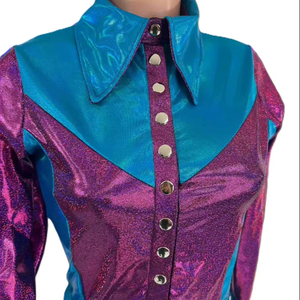 Camisa Brillante de Cintura Alta Estilo Western para Mujeres y Niñas, Color Rosa Metálico y Verde Azulado, Ligera, Transpirable, con Cierre de Botones - Product Image 1