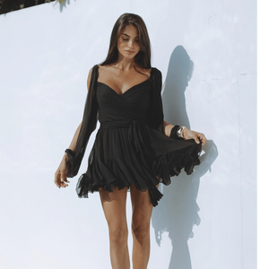 Midnight Muse Georgette Cold-Shoulder Mini Dress with Balloon Sleeves - Product Image 1