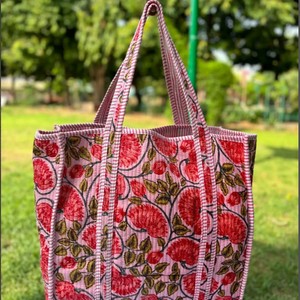 100% Cotton Hand Block Printed Quilted French Country Style <b>Large</b> Capacity Shoulder <b>Bag</b> Handcrafted <b>Beach</b> Summer Open Tote <b>Bag</b> - Product Image 6
