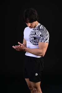 Men's White Short Sleeve Crew Neck <b>T</b>-Shirt with Front Logo Black Tribal Print Slim Fit Quick Dry Polyester Sport Top - Product Image 2