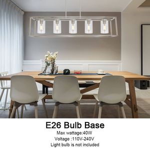 Lampadario a sospensione moderno a 5 luci per isola cucina, con paralume in vetro trasparente e gabbia lineare, per illuminazione sala da pranzo - Product Image 1