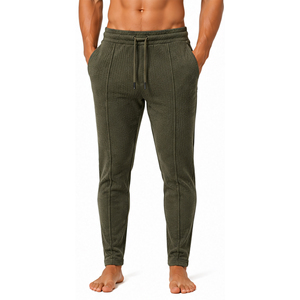 Custom <b>Mens</b> Waffle Knit <b>Trousers</b> Slim Fit Textured Casual Pants <b>Elastic</b> Waist Drawstring Lightweight Fashion Jogger Bottoms - Product Image 4