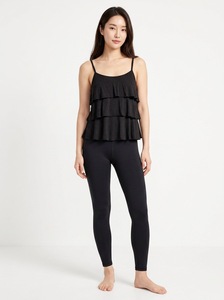 Haut de pyjama d'été plissé à volants sans manches noir pour femme, col rond, coupe régulière, idéal pour la maternité - Product Image 5
