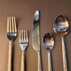 5-Piece Textured Pebble-Pattern Handle Silverware Set Including <b>Dinner</b> fork, salad fork, <b>dinner</b> <b>knife</b>, teaspoon, and soup spoon. - Product Image 3