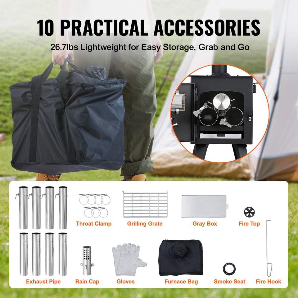 86-Inch Portable Alloy Steel Wood Stove for Outdoor Cooking & Heating 1400in³Firebox with 8 Chimney Pipes & Gloves for Camping