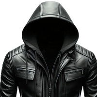 Blouson de motard en cuir véritable noir pour homme, style universitaire, avec capuche amovible, épaulettes rembourrées, OEM
