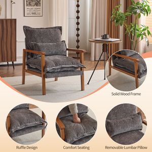 Poltrona da Interno a Forma di Nuvola con Struttura in Legno Massello e Braccioli, Rivestimento in Tessuto Chenille, Cuscino Lombare Decorativo - Product Image 3