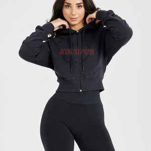 Sudadera con capucha para mujer, top corto con cremallera, color sólido, manga larga, de punto, de algodón, para otoño, transpirable - Product Image 5