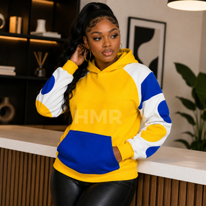 Sweat-shirt à capuche HMR Sorority Sisterhood, color-block jaune, bleu, blanc, en coton, décontracté, avec poches, coupe classique - Product Image 4