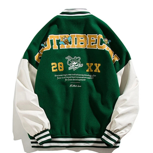 Green <b>White</b> Varsity <b>Jacket</b> <b>Men</b> Embroidered Letter Logo Casual Autumn Outerwear Regular Fit Turn-down Collar Button Closure - Product Image 2