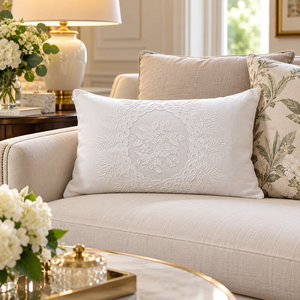 Classic White Floral Embroidered Pillow <b>Cover</b> - Vintage Linen Decorative <b>Throw</b> Pillow Case for <b>Sofa</b> Bed Living Room Decor - Product Image 1