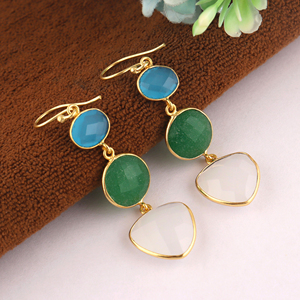 Elegant chalcedony & jade checker cut gemstone <b>earrings</b> handmade gold plated bezel setting drop dangle <b>hook</b> connector jewelry - Product Image 4