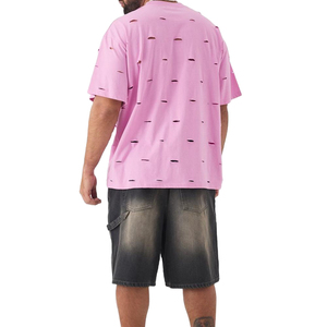 <b>Mens</b> Pink Oversized Distressed T <b>Shirt</b> Ripped Hole Streetwear Casual Loose Fit Cotton Short Sleeve Trendy Fashion Tee - Product Image 5