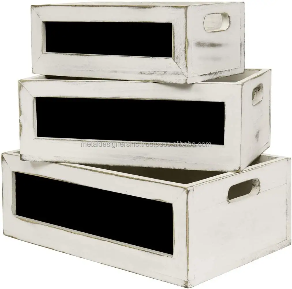 Kotak Penyimpanan Bersarang Kayu Putih Dicuci dengan Panel Depan Papan Tulis dan Pegangan Potongan, Kotak Kayu Bersarang Dekoratif untuk Penyimpanan