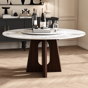 Tavolo da Pranzo Rotondo Moderno in Marmo da 150 cm con Base in Legno Massello di Noce, Design a Croce Robusto per 6-8 Persone, in Pietra Sinterizzata - Product Image 4