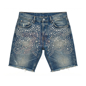 Fabricante Mayorista de Shorts de Mezclilla Lavada para Hombre con Pedrería, Shorts de Jean de Algodón Pesado, Moda Urbana, Producción Privada Personalizada - Product Image 2