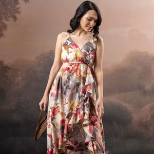 Vestido Midi Estampado Floral Blanco y Granate sin Tirantes con Cintura Natural, Tirantes en los Hombros y Dobladillo Asimétrico - Product Image 1