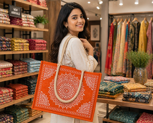 Orange Mandala Printed Jute <b>Mini</b> <b>Tote</b> <b>Bag</b> Eco Friendly Reusable Magnetic Closure Ethnic Block Print for Wedding Party Groceries - Product Image 4