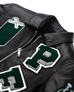 OEM Custom Logo & Embroidery Wholesale Premium Leather Canvas Breathable Winter Men V-neck Crystal Varsity Jacket Front - Product Image 5