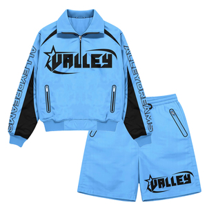 Trendy Custom Logo Polyester Breathable Spring Satin Lightweight Color Blocking Men Windbreaker Jacket and Shorts Set - Product Image 1
