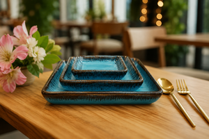 Handmade <b>Ceramic</b> Serving <b>Plates</b> Set Rectangle Blue Crackle Glaze Wabi Sabi Style Dinnerware Party Table Decor - Product Image 3