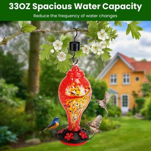 Mangiatoia per Colibrì in Vetro Soffiato a Mano da 33OZ con 5 Porte di Alimentazione a Fiore, Posatoio, Fossa Anti-Formica, Gancio a S, Piatto in Canapa e Ciotola - Product Image 6