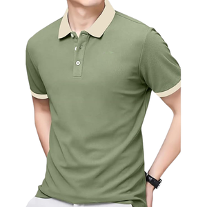Mens Olive Green Polo Shirt with Beige Collar Soft Cotton Casual Stylish Summer Top Short Sleeve for Daily Wear Comfortable - Product Image 1