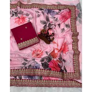 Sari en mousseline de soie de créateur avec un magnifique imprimé floral pour les occasions de fête - Product Image 2