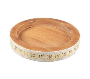 Plateau décoratif circulaire de luxe en bois naturel et os incrusté de motifs étoilés, élégant et moderne, pour table basse - Product Image 1