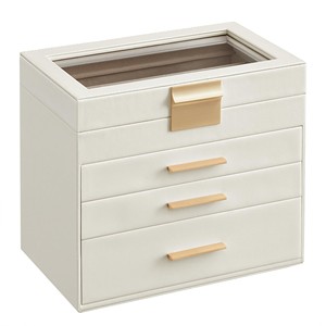 Handcrafted White Leather Jewelry <b>Box</b> with Mirror - Wholesale <b>Storage</b> Organizer - Product Image 3