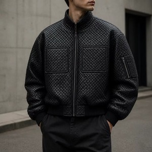 Men's <b>Black</b> PU Bomber <b>Jacket</b> Stand Collar Zipper Closure Quilted Design Windproof Moto Style Autumn Wear - Product Image 1