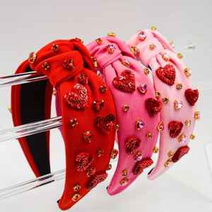 Lot de bandeaux noués multicolores avec cœurs rouges et roses incrustés de cristaux – Serre-tête tendance pour femme, accessoire de coiffure de boutique - Product Image 1
