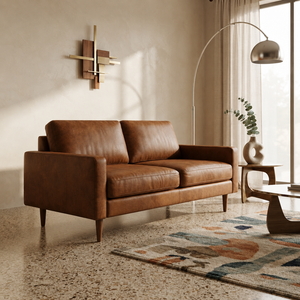 Sofá de Dos Plazas de Cuero Genuino Estilo Moderno de Mediados de Siglo con Patas de Madera, Respaldo Acolchado y Brazos Rectos, Mueble de Sala de Estar - Product Image 1