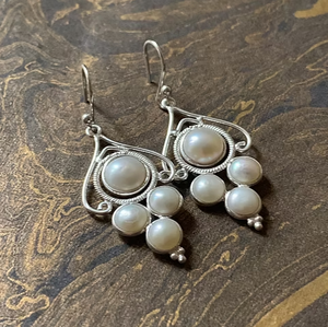 Boucles d'oreilles pendantes en argent sterling 925 avec perle et pierres précieuses, 5,2 grammes, style vintage fait main, bijoux ethniques pour femmes - Product Image 3