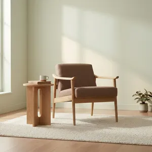 Fauteuil scandinave moderne rembourré en tissu marron avec structure en bois, dossier solide, chaise de détente pour salon, mobilier de maison ou bureau - Product Image 3