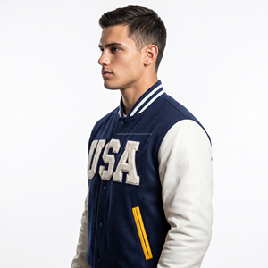 Blouson universitaire d'hiver personnalisé en laine marine écologique avec col montant, manches en cuir et patch en chenille, service OEM pour hommes - Product Image 4