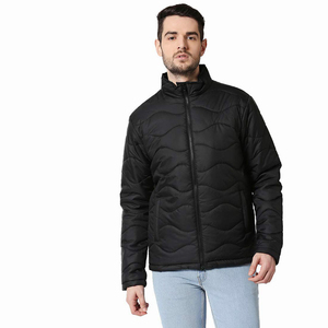 URBANGAZER Men's Black Puffer Jacket Stand Collar <b>Covered</b> <b>Button</b> Closure Windproof Breathable Eco-Friendly High Street Style - Product Image 1