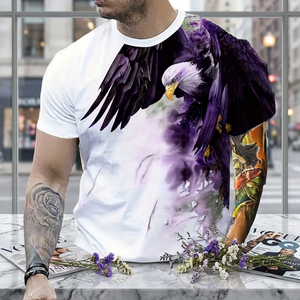 <b>Men's</b> Slim Fit Short Sleeve T-Shirt With 3D Purple Eagle Print O-Neck Casual Breathable Knitted Polyester Shirt - Product Image 4