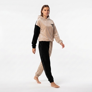 Ensemble de survêtement décontracté pour femme en velours de qualité supérieure, color block beige et noir, à manches longues et coupe ample - Product Image 6