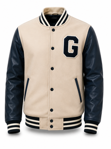 Veste universitaire unisexe, corps en toile, manches en laine/polyester, patchwork, patch lettre G sur le devant, style preppy, col rabattu, hiver - Product Image 1