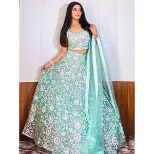 Fascinating Blue <b>Sequins</b> Net Reception Lehenga Choli Set with Dupatta - Product Image 5