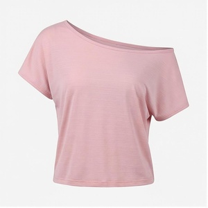 Off-The-Shoulder Crop <b>Top</b> Women's Short Sleeve Solid Pink Asymmetric Yoga <b>Top</b> Breathable Spandex Cotton Sportswear - Product Image 1