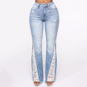 Jeans déchirés sur mesure pour femmes, taille haute, coupe évasée, respirants, en denim, pour tenue décontractée, OEM - Product Image 5